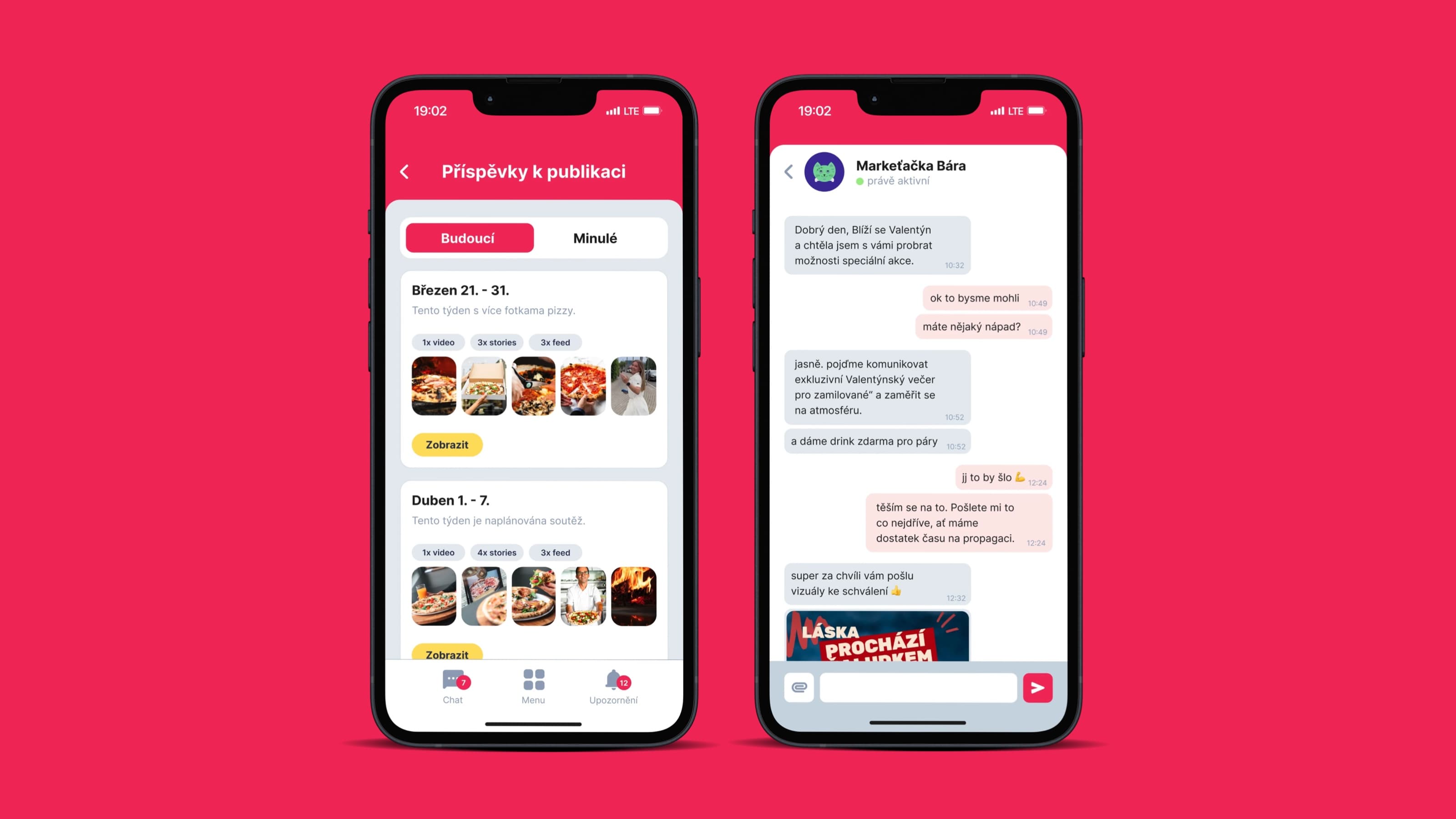 Aplikace Bitez — publikační plán na týden a chat s markeťačkou Bárou